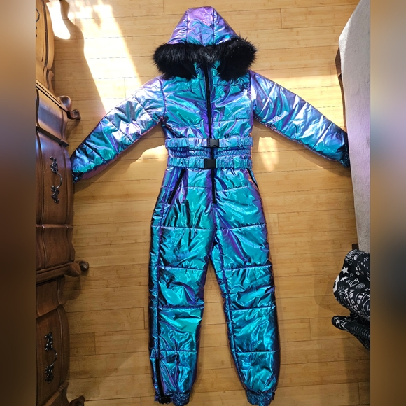 Dolls Kill Other - Dolls Kill Club Exx Aurora Beam Holographic Blue Purple Green Black Fur Snowsuit